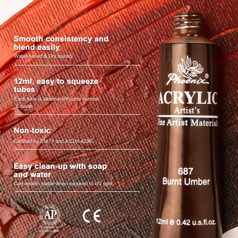 PHOENIX Acrylic Paint Set, 24x12ml Tubes, Non-toxic Craft Paints for Canvas, Paper, Wood, Ceramic, Acrylic Painting Art Supplies for Adults, Beginners - Image 3